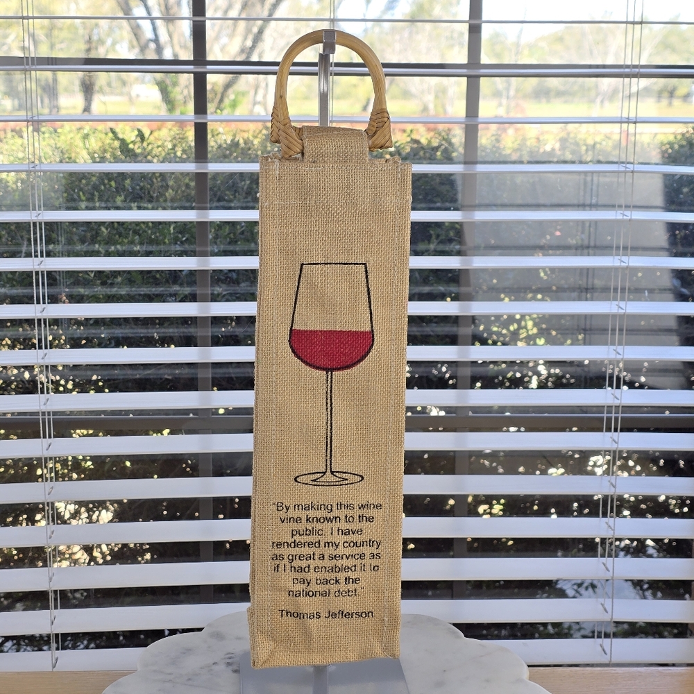 Jute Burlap Wine Bottle Tote Bag Bamboo Handles Graphic NWOT